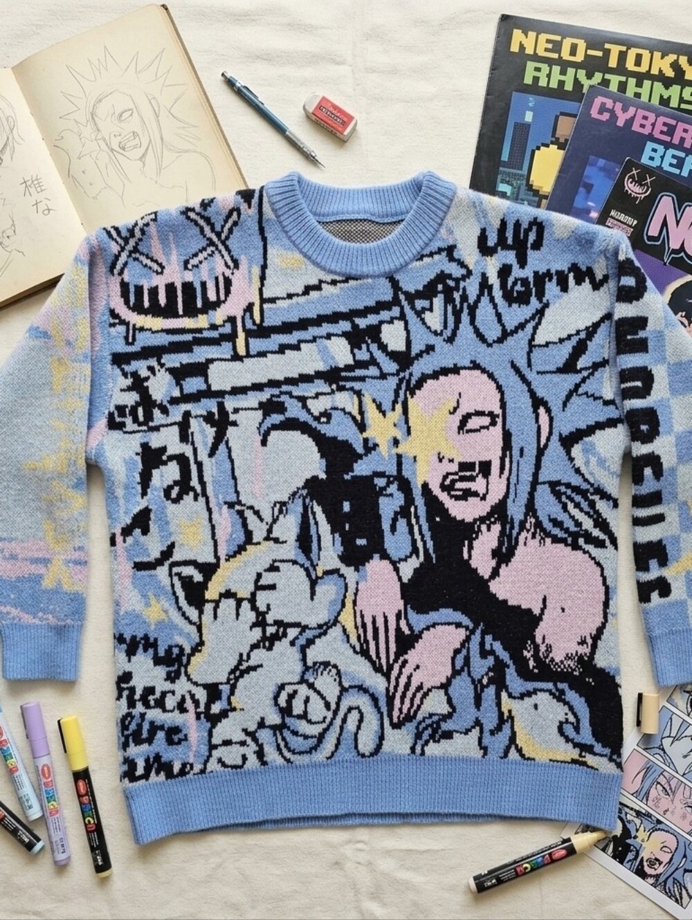 Andreilee Japanese Harajuku Anime Graphic Knit Sweater Blue Size L